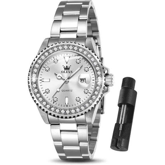 Luxury  Silver Dail Stainless Steel Waterproof Ladies Wrist  Watch with Date - Picture 1 of 9